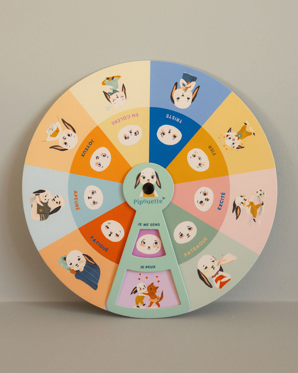 roue des émotions colorée en carton avec dessins de pipouette et ses visages